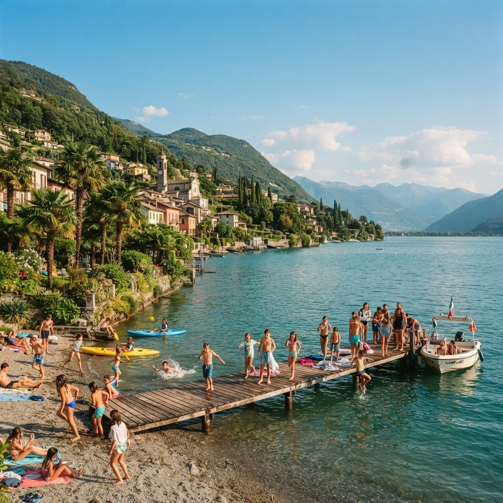 La riva del lago a Vira Gambarogno in una giornata di sole